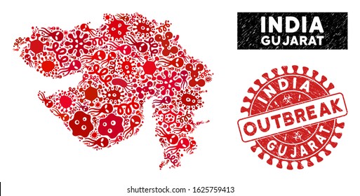 Viral collage Gujarat State map and red grunge stamp watermark with OUTBREAK text. Gujarat State map collage constructed with random flu elements. Red round OUTBREAK watermark with grunge texture.