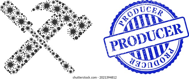 Viral collage hammer and screwdriver icon, and grunge PRODUCER seal. Hammer and screwdriver collage for isolation templates, and grunge round blue seal.