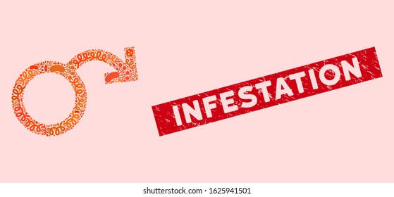 Viral collage impotence icon and rectangle distressed stamp watermark with Infestation text. Mosaic vector is composed with impotence icon and with randomized viral objects.