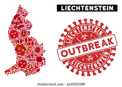 Viral collage Liechtenstein map and red corroded stamp watermark with OUTBREAK message. Liechtenstein map collage designed with randomized epidemic items.