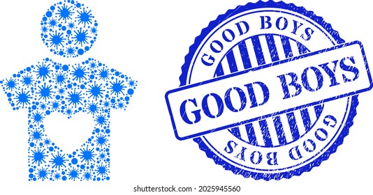 Viral collage lover boy icon, and grunge GOOD BOYS seal. Lover boy mosaic for breakout images, and grunge round blue stamp seal. Vector collage is composed from random bacterium icons.