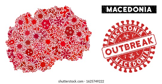 Viral collage Macedonia map and red rubber stamp seal with OUTBREAK message. Macedonia map collage constructed with randomized microorganism elements. Red rounded OUTBREAK stamp with dirty texture.