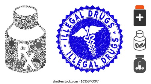 Viral collage mixture bottle icon and rounded corroded stamp seal with Illegal Drugs text and serpents icon. Mosaic vector is composed with mixture bottle icon and with random flu items.