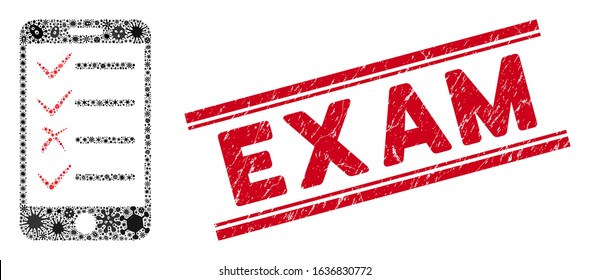 Viral collage mobile tasks icon and red Exam seal stamp between double parallel lines. Mosaic vector is designed with mobile tasks pictogram and with randomized contagion elements.