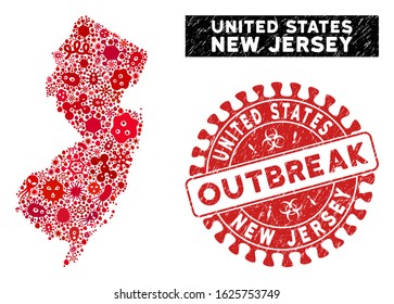 Viral collage New Jersey State map and red corroded stamp seal with OUTBREAK text. New Jersey State map collage composed with randomized amoeba icons.