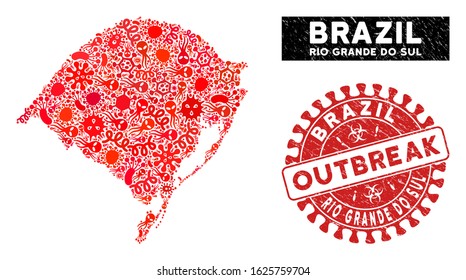 Viral collage Rio Grande do Sul State map and red grunge stamp seal with OUTBREAK badge. Rio Grande do Sul State map collage formed with randomized contagion elements.