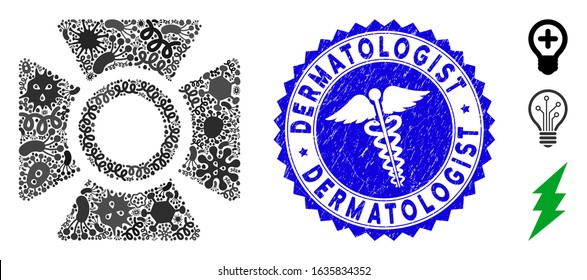 Viral collage searchlight icon and rounded corroded stamp seal with Dermatologist caption and doctor icon. Mosaic vector is created with searchlight icon and with randomized microbe cell elements.