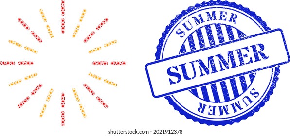 Icono de rayos de brillo de colaje viral y sello de sello de sello de VERANO. Mosaico de rayos brillantes para imágenes médicas y sello azul redondo sucio. El mosaico vectorial está formado por íconos dispersos de bacilas.