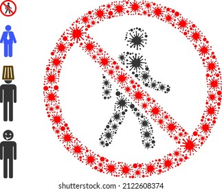 Viral collage stop pedestrian man icon, and more icons. Stop pedestrian man collage for pandemic templates. Vector collage is created from scattered viral items.