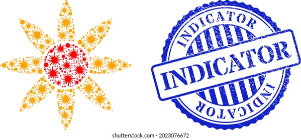Viral collage sun shine icon, and grunge INDICATOR stamp. Sun shine collage for medical images, and grunge round blue stamp. Vector collage is constructed of scattered infection parts.