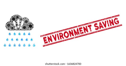 Viral collage thunderstorm rain cloud icon and red Environment Saving seal stamp between double parallel lines.
