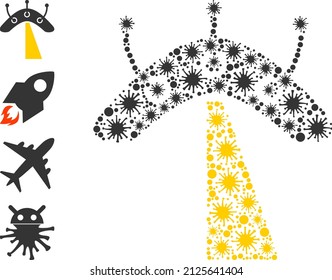 Viral collage UFO icon, and additional icons. UFO collage for isolation templates. Vector collage is made of random bacilla icons.