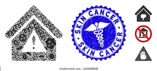 Viral collage warning building icon and round grunge stamp watermark with Skin Cancer text and medic icon. Mosaic vector is composed with warning building icon and with randomized bacillus objects.