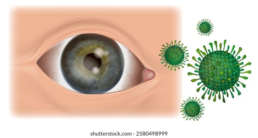 Viral Conjunctivitis Medical Illustration. Eye Infection  Concept. Human Eye with Conjunctivitis. Pink eye are caused by adenovirus