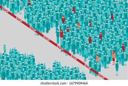 viral contamination in a huge crowd of healthy people. Vector illustration for coronavirus COVID-19 disease outbreak concept