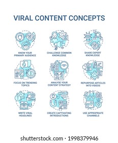 Viral content concept icons set. Focus on trending topics idea thin line color illustrations. Analyse content strategy. Repurpose article into video. Vector isolated outline drawings. Editable stroke