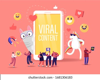 Viral Content Concept. Tiny Characters at Huge Mobile with Funny Unicorn and Cat. Social Media Blogging, Movie Streaming, Online Network Likes, Followers Attracting. Cartoon People Vector Illustration