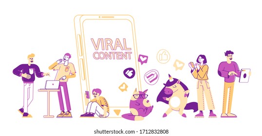 Viral Content Concept. Tiny Characters at Huge Mobile with Funny Unicorn and Cat. Social Media Blogging, Movie Streaming, Online Network Likes, Followers Attracting. Linear People Vector Illustration