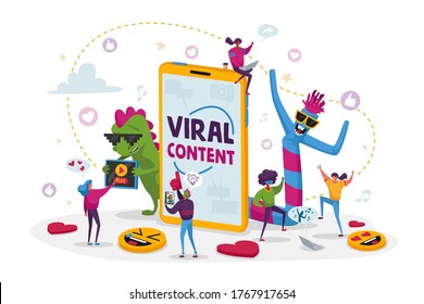 Viral Content Concept. Tiny People Dance at Huge Mobile Phone with Funny Characters. Social Media Blogging, Movie Streaming, Online Network Likes, Followers Attracting. Cartoon Vector Illustration