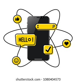 Viral content conceptual illustration. Likes, smile, shares and comments popping up on the mobile screen. Flat editable vector illustration, clip art
