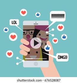 Viral content conceptual illustration. Likes, shares and comments popping up on the mobile screen. Video content for millennials. Flat editable vector illustration, clip art