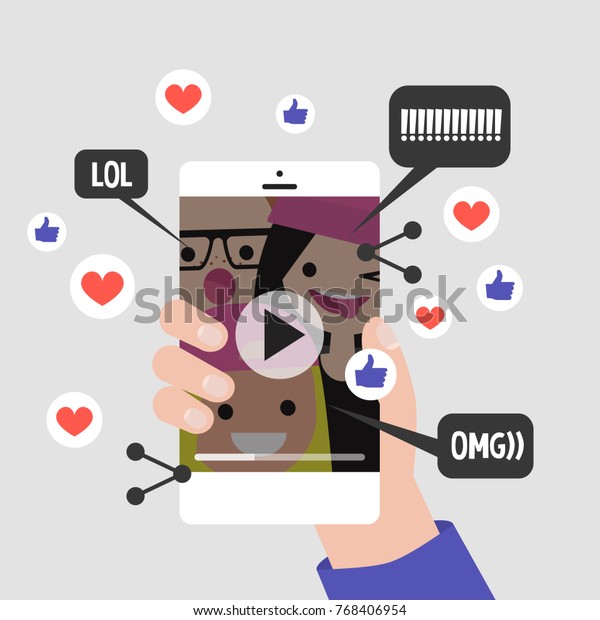 Viral content conceptual\
illustration. Likes, shares and comments popping up on the mobile\
screen. Vertical Video format for millennials. Flat editable\
vector, clip art