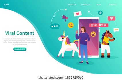 Viral content creative website template. Fairy-tale characters on the background of a giant smartphone. Blog promotion, SMM management, Social Media blogging concept. Flat cartoon vector illustration.