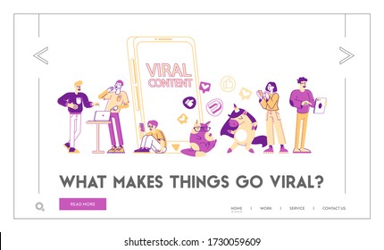 Viral Content Landing Page Template. Tiny Characters at Huge Mobile with Funny Unicorn and Cat. Social Media Blogging, Movie Streaming, Online Network Likes. Linear People Vector Illustration