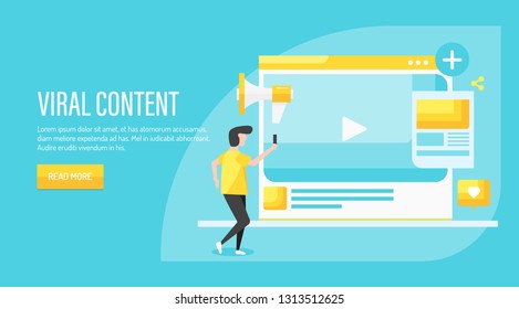 Viral content, Content marketing, Social media video, flat design vector template with icons and texts