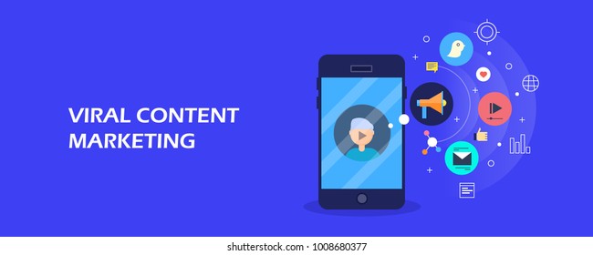 Viral content marketing, Viral video, marketing strategy flat vector concept with icons isolated on blue background
