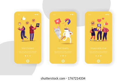 Viral Content Mobile App Page Onboard Screen Template. Funny Unicorn and Cat Characters, Social Media Streaming, Online Network Likes, Followers Attracting Concept. Cartoon People Vector Illustration