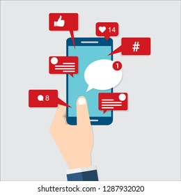 Viral content, social media marketing and social media activity - likes, shares and comments popping up on the mobile screen