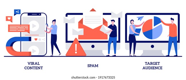 Viral content, spam, target audience concept with tiny people. Social media marketing strategy abstract vector illustration set. Internet meme, mail filter, web security, sharing post metaphor.