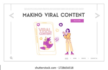 Viral Content Spreading, Followers Attraction, Feedback Landing Page Template. Female Character at Huge Smartphone with Funny Cat on Screen Use Mobile. Thumb Up and Magnet. Linear Vector Illustration