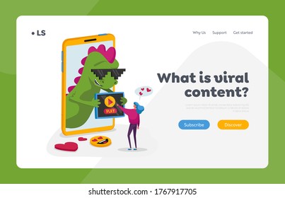 Viral Content Spreading, Watch Landing Page Template. Tiny Female Character at Huge Smartphone with Funny Dragon on Screen Using Mobile Push Play Button on Gadget Device. Cartoon Vector Illustration