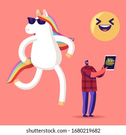 Viral Content Streaming, Spread and Share in Internet Concept. Male User Character Watching Funny Video Online on Tablet, Huge Funny Unicorn Dancing nearby Smile Emoji. Cartoon Vector Illustration