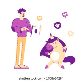 Viral Content Streaming, Spread and Share in Internet Concept. Male User Character Watching Funny Video Online on Tablet with Huge Smile Funny Unicorn Dancing nearby. Linear Vector Illustration