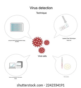 Die Technik zur Erkennung von Viren, die ein Bild in 4 Symbolen der Methodik darstellt: Enzym-gebundener Immunosorbent-Assay (ELISA), lateraler Flow (Schnelltest), Nukleinsäure-Amplifikationstests (NAAT): PCR