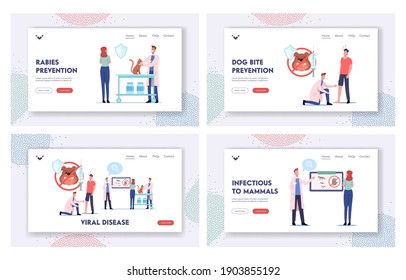 Viral Disease, Rabies Landing Page Template Set. Injured Patient with Dog Bite Visit Hospital. Medic Characters Inject Vaccine, Tell about Sickness Carriers Animals. Cartoon People Vector Illustration