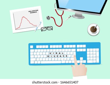 Vector de concepto epidémico viral que muestra el teclado con la inscripción ENFERMEDAD VIRAL, gráfico de casos de infección viral y equipo médico en la mesa