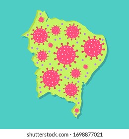 Viral epidemic in northeast of Brazil. Map of northeast of Brazil with virus. Coronavirus epidemic in brazilian region. Conceptual.