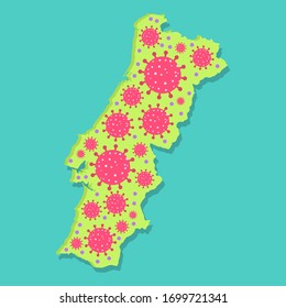 epidemia viral en Portugal. Mapa de Portugal con virus. epidemia de coronavirus en el país portugues. Conceptual.