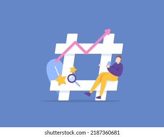 viral hashtags, popular keywords, SEO, trending topics. a man or social media user who sees a tag that many people use on a smartphone. illustration concept design. element, landing page, infographic