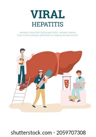 Viral hepatitis treatment banner or poster template, flat vector illustration. Medical treatment, diagnosis and prevention of liver inflammation and Hepatitis.