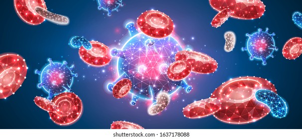 Viral Infection. Influenza Virus Cells, And Erythrocytes In Bloodstream. Abstract Polygonal Image On Dark Blue Neon Background. Low Poly, Wireframe Digital 3d Vector Illustration