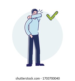 Viral Infection Protection. Infographic With Sneezing Man Showing How To Sneeze Correctly, Covering Mouth By Wrist During Coronavirus Epidemic. Cartoon Linear Outline Flat Style Vector Illustration