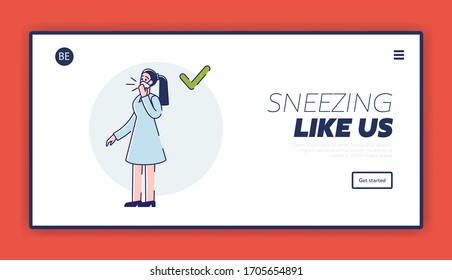 Viral Infection Protection. Website Landing Page. Infographic With Sneezing Woman Showing How To Sneeze Correctly Covering Mouth By Face Mask. Web Page Cartoon Linear Outline Flat Vector Illustration