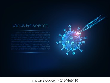 Viral infection research concept. Futuristic glowing low polygonal flu virus cell and medical pipette and copy space for text on dark blue background. Modern wireframe design vector illustration.