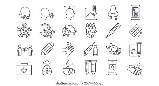 Viral infection, symptoms, treatment. Line icon set. Virus, Flu Test, sore throat, vitamin c, prescription, respiratory spread, hand washing, humidifier, cough, headache, runny nose, hot drink vector.