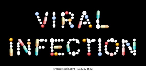 VIRAL INFECTION written with different pills, tablets, capsules. Isolated vector illustration on black background.
